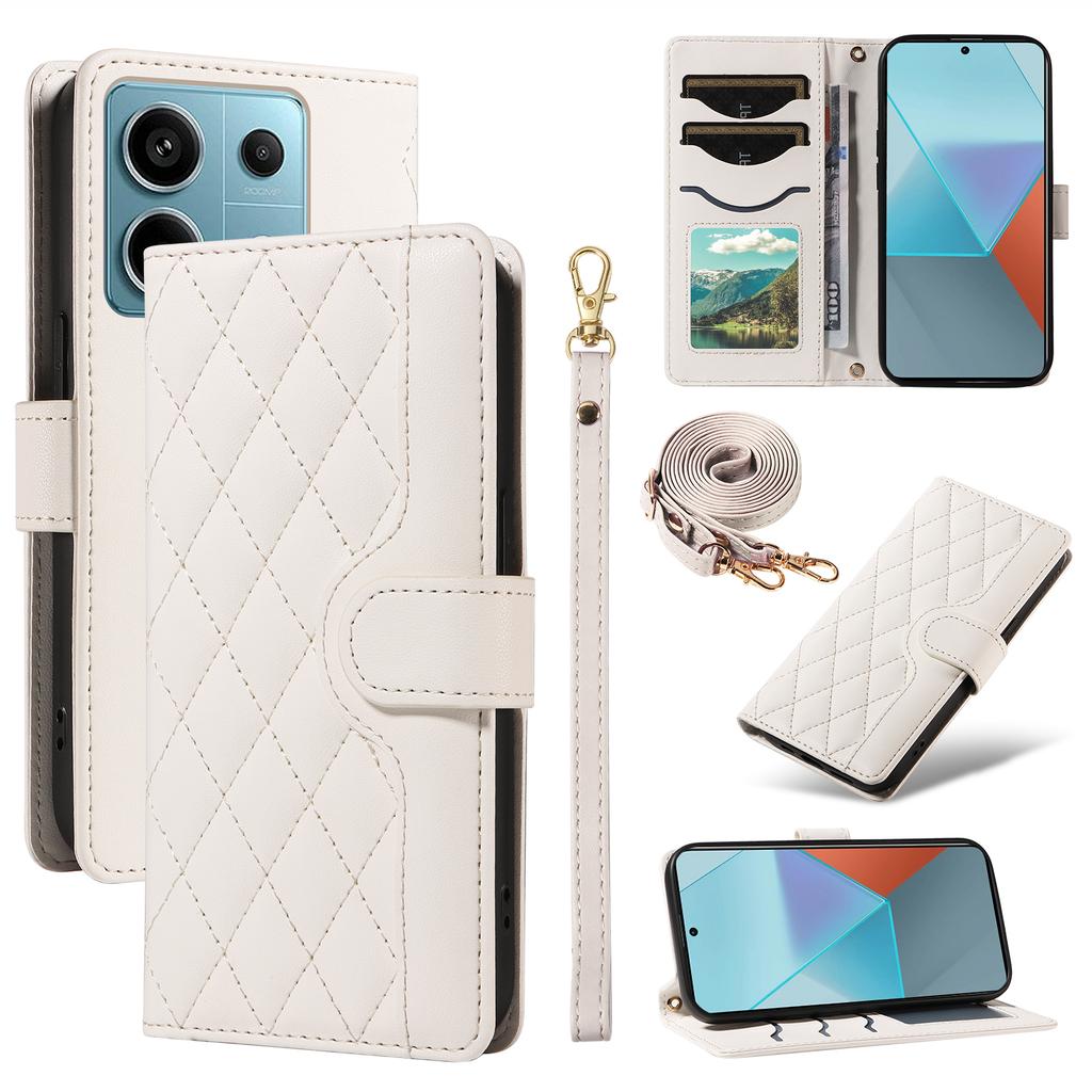 For Xiaomi Poco X6 5G/Redmi Note 13 Pro 5G Case Wallet Rhombus Leather Phone Cover with Shoulder Strap,Wrist Strap