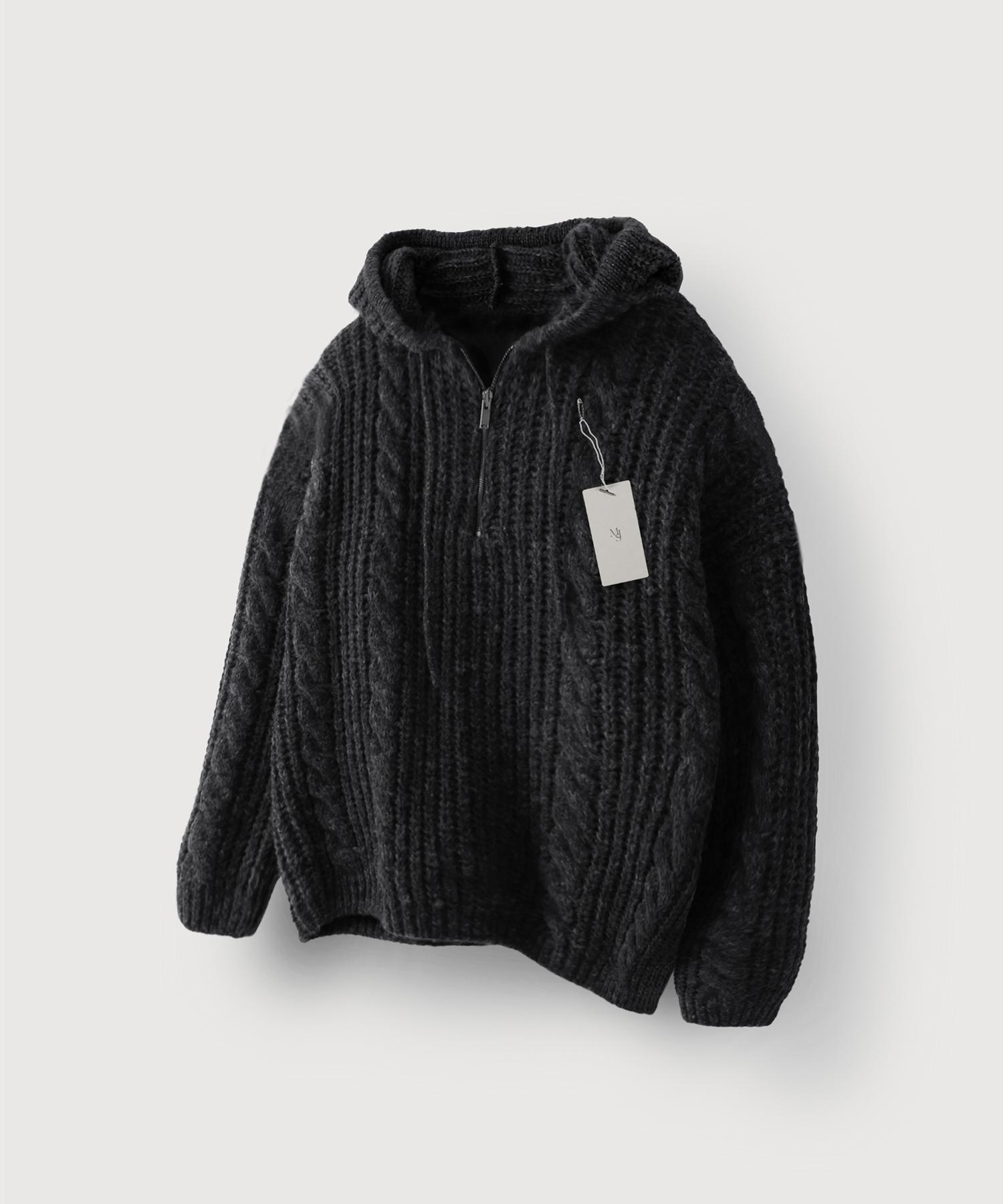 Mood Inside Cable Knit Half-Zip Hoodie_Charcoal Charcoal/M