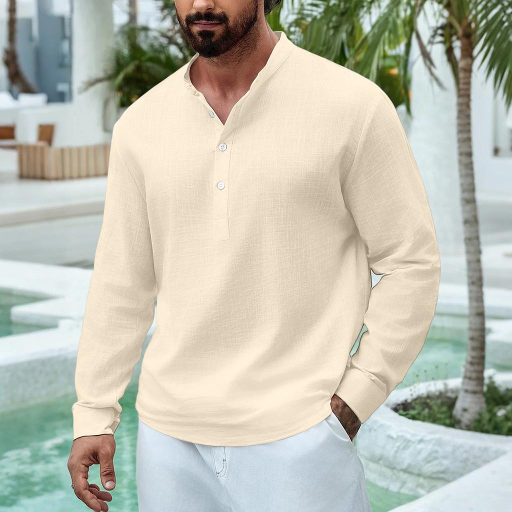 Men's Casual Stand Collar Half Door Cylinder Color Knot Cotton Linen Long Sleeve Shirt