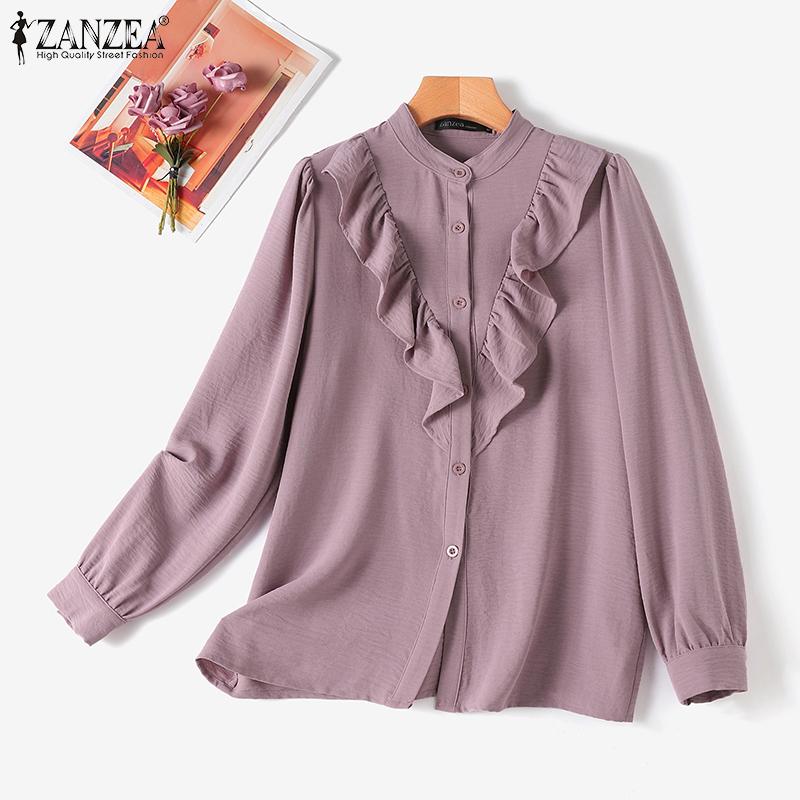 

ZANZEA Женская повседневная блузка с круглым вырезом и длинными рукавами, свободная блузка с оборками
