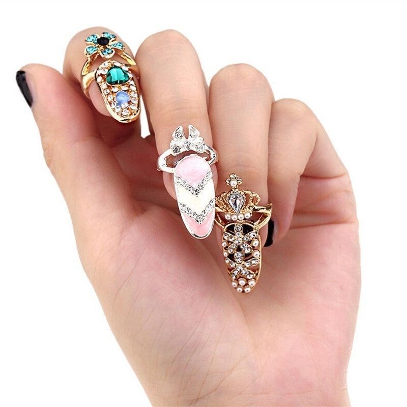 5pcs Women Bowknot Nail Ring Charm Crown Flower Finger Nail Rings