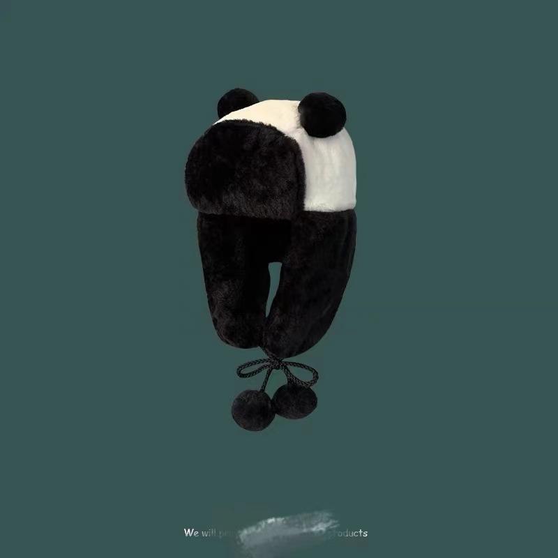 Cute Black And White Panda Lei Feng Hat Women'S Autumn And Winter Warm Hooded Three Piece Set Plush Ear Protection Hat