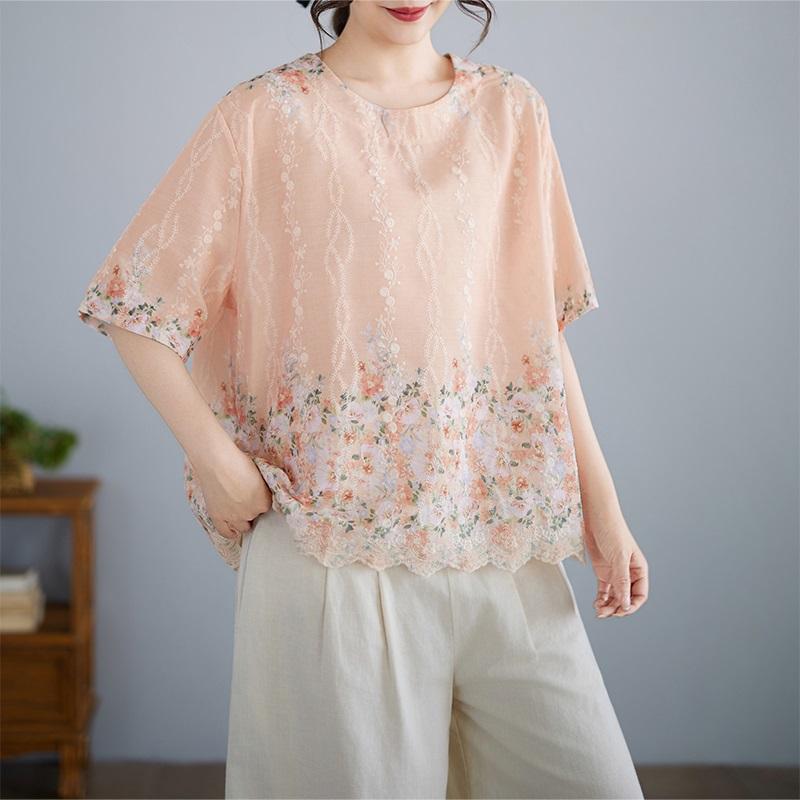 Short sleeve Oversized cotton vintage floral Casual loose t shirt tops Women summer t-shirt