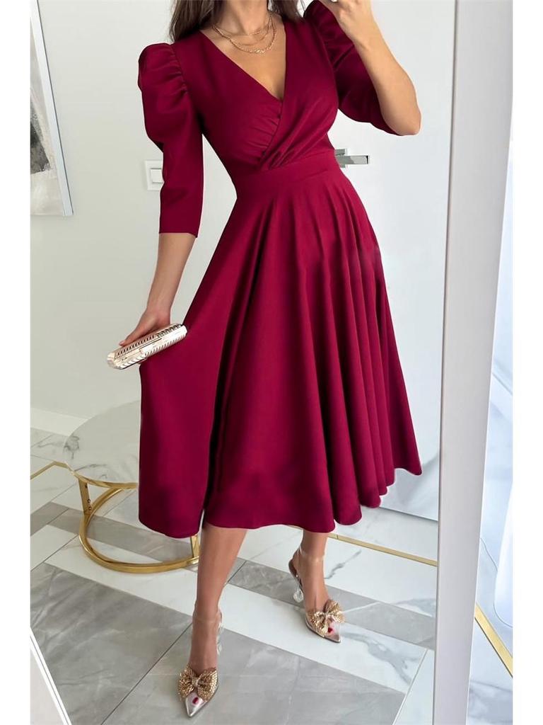 Autumn V-neck Waist-Cinching Bubble Sleeve Swing Dress