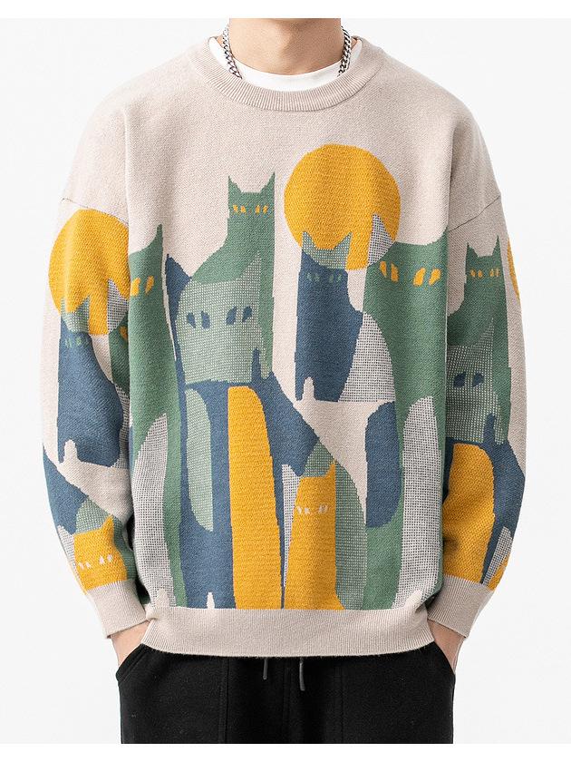 2025 American-Japanese Trendy Cat Pattern Round Neck Men's Sweater - Autumn Loose Fit Knitwear