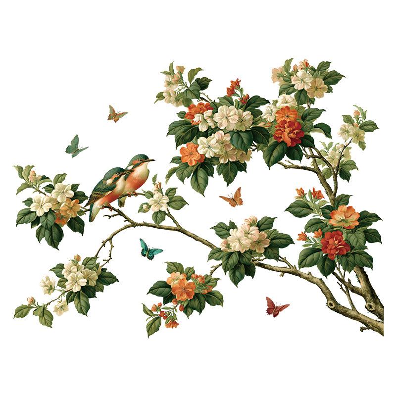 Traditional Chinese Painting Hibiscus Bird Wall Sticker Modern Living Room Study Waterproof Self Adhesive Decor