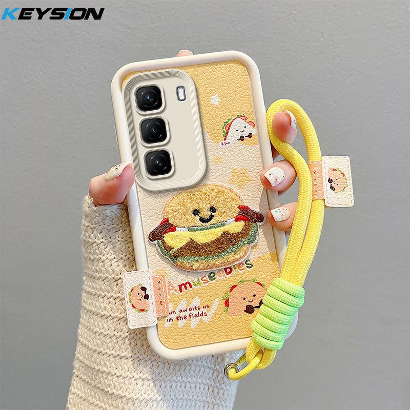KEYSION Husă Cartoon Drăguță Pluș Broderie pentru Infinix Hot 50 5G cu Șnur Piele PU Rezistentă la Șocuri Husă Telefon pentru Infinix Hot 50 5G