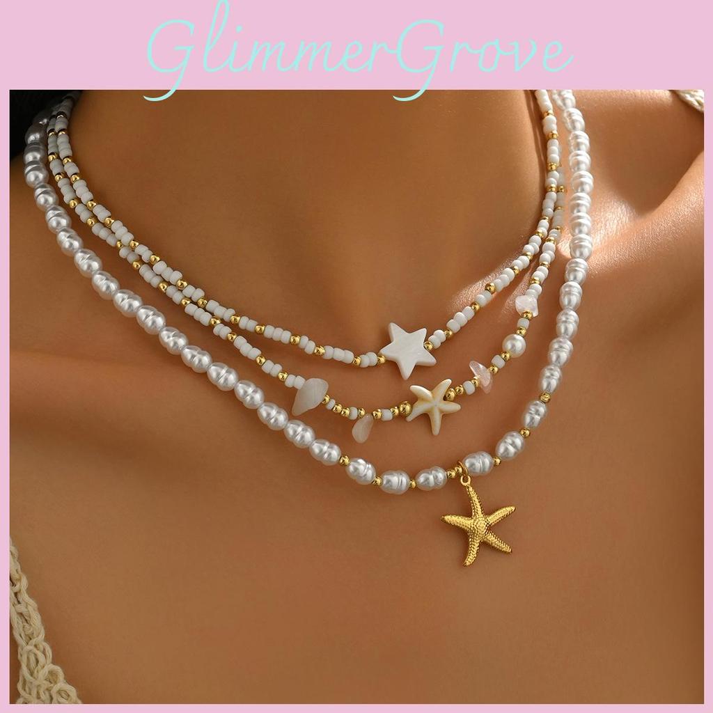 Star Pearl Pendant Necklace With Multi Layer Chain For Women And Men