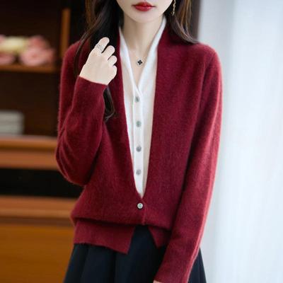 Women's Loose V-Neck Wool Cardigan Sweater - Autumn/Winter Long Sleeve High-End Top