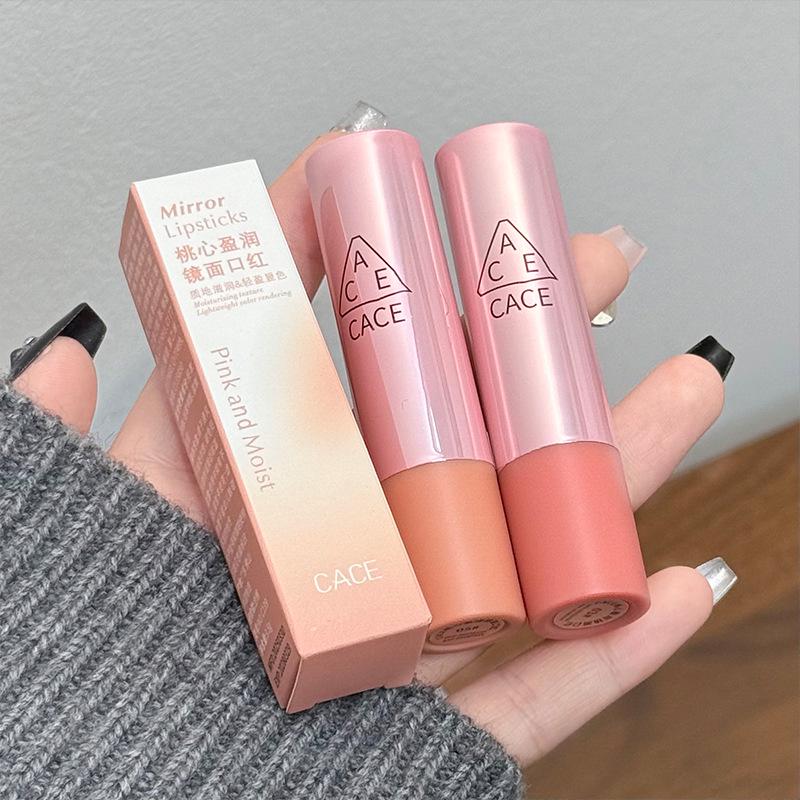CACE Peach Heart Hydrating Mirror Lipstick: Long-Lasting, Non-Transfer, Whitening & Plumping Nude Glaze.