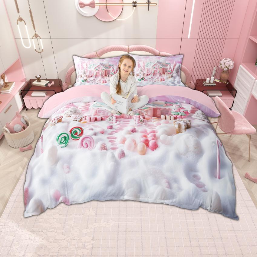 Homewish Girls Merry Christmas Duvet Cover Set Lovely Gingerbread Bedding Set Cartoon Xmas Tree Bedroom Set Room Decor