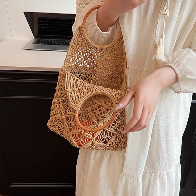 New Wooden Handle Rattan Handle Solid Color Hollow Handmade Cotton Rope Woven Bag Seaside Vacation Handbag Straw Bag