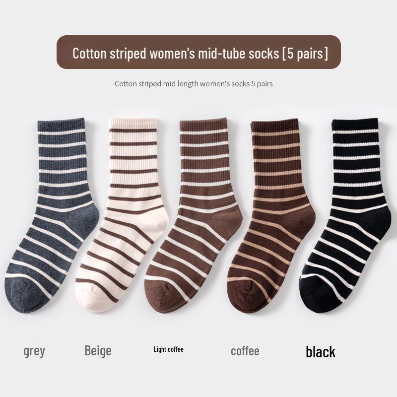Maillard Women's Striped Mid-Calf Socks - Spring & Autumn Korean Style with Shark Pants