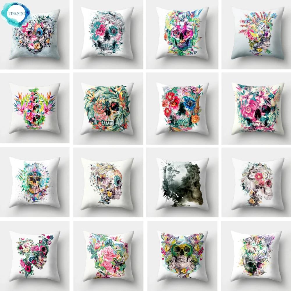 Halloween Floral Skull Print Cushion Cover Polyester Decorative Pillow Cover For Home Sofa Bed Nordic Style Pillow Case 45X45Cm