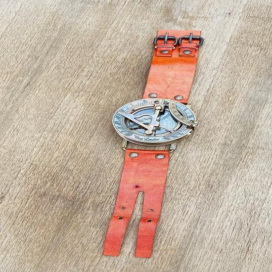 Antique Brass Sundial Engraved Compass, Wrist Brass Sundial Compass  Wrist Watch with Leather Case