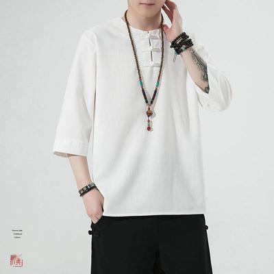 Pánské retro bavlněné lněné Hanfu tričko plus size se žabím knoflíkem, tříčtvrteční rukávy
