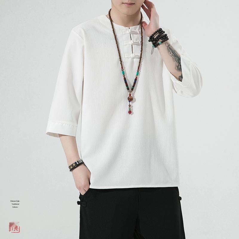 

Мужская ретро футболка ханфу из хлопка и льна большого размера с застежкой-пуговицей «лягушка», рукав три четверти XL белый