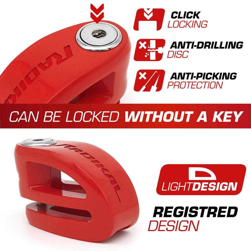 RADIKAL RK306R Motorcycle Disc Brake Lock for and 6mm Locking Lightweight Anti-Theft Lock, Motorcycles, Scooters, Bikes, Electric, Pin,