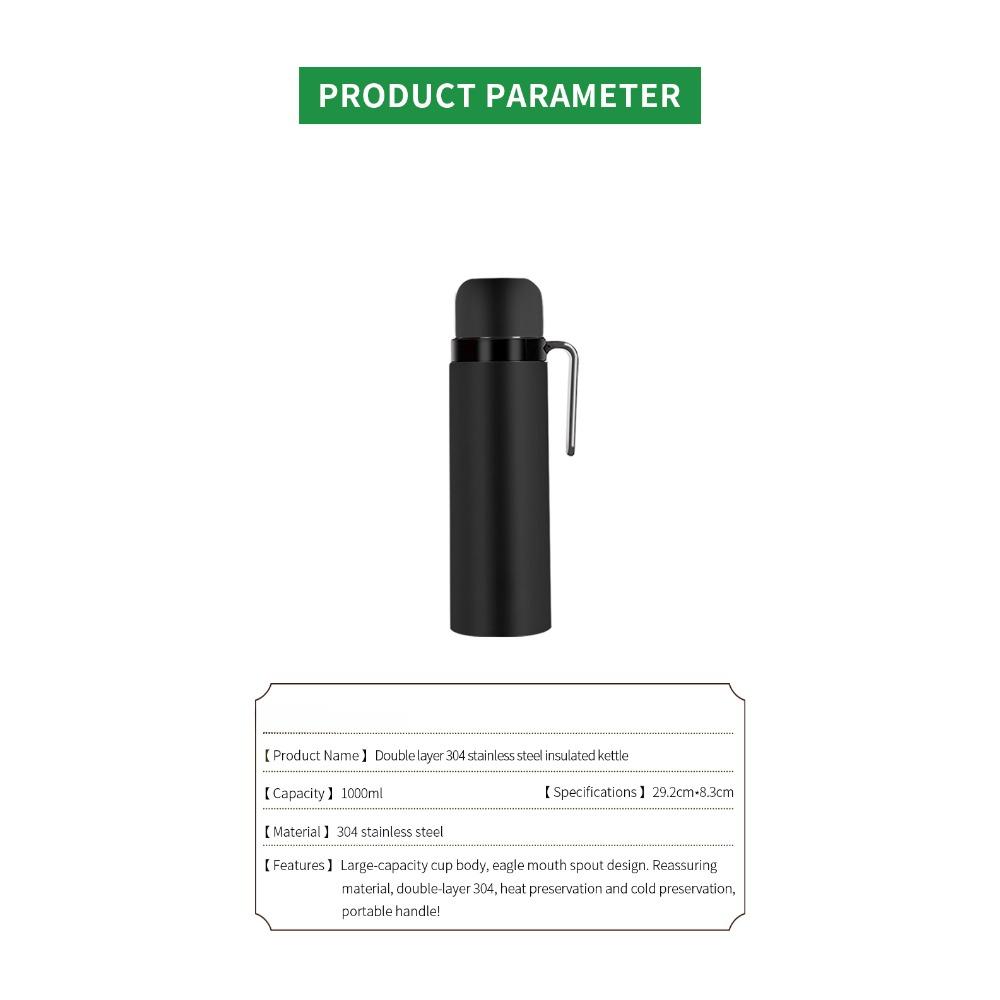 1000 ml Vakuum-Thermoskanne, weite Öffnung, mattschwarz, Edelstahl-Vakuumflasche für Yerba Mate, Kaffee, Tee, Wasser