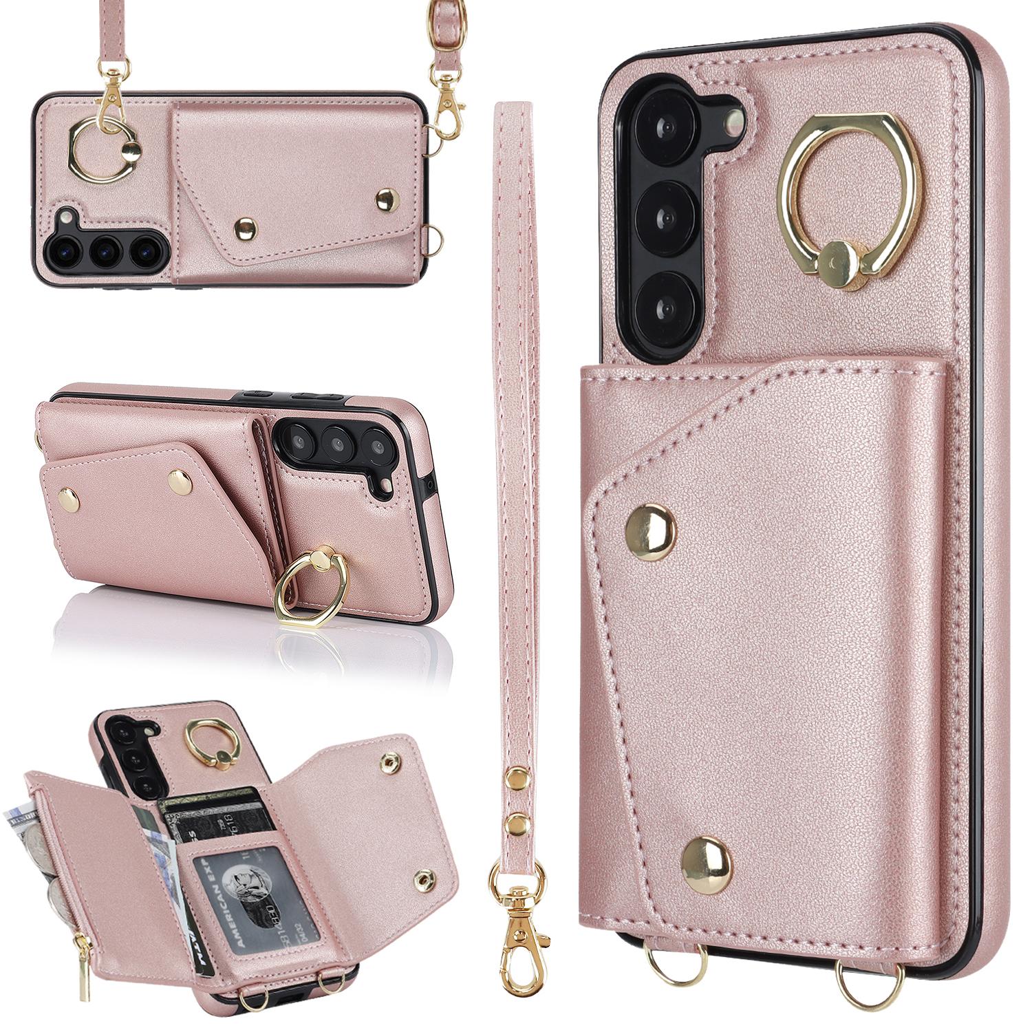 

For Samsung Galaxy S24+ Case Zipper Wallet Kickstand Phone Cover with Crossbody Strap Rose Gold