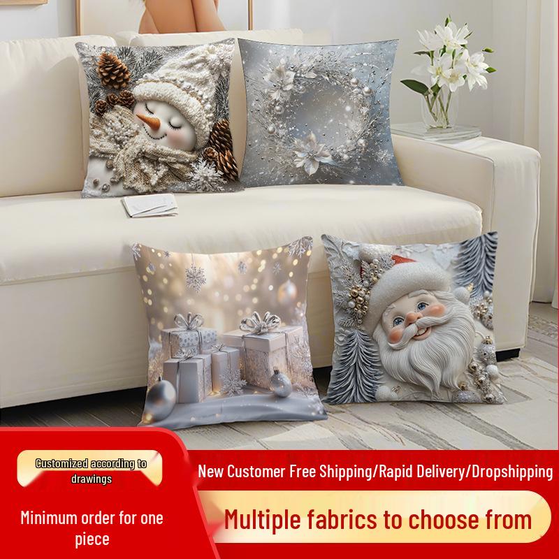 Cute Cartoon Christmas Pillowcase - Polyester Embroidered Print Sofa Cushion for Holiday Decoration