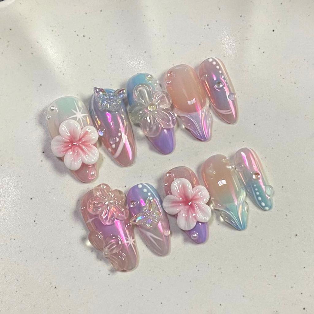 24Pcs Simple Almond Press On Nails Fresh Colorful Flower Design Short Full Cover Fake Nail Tips