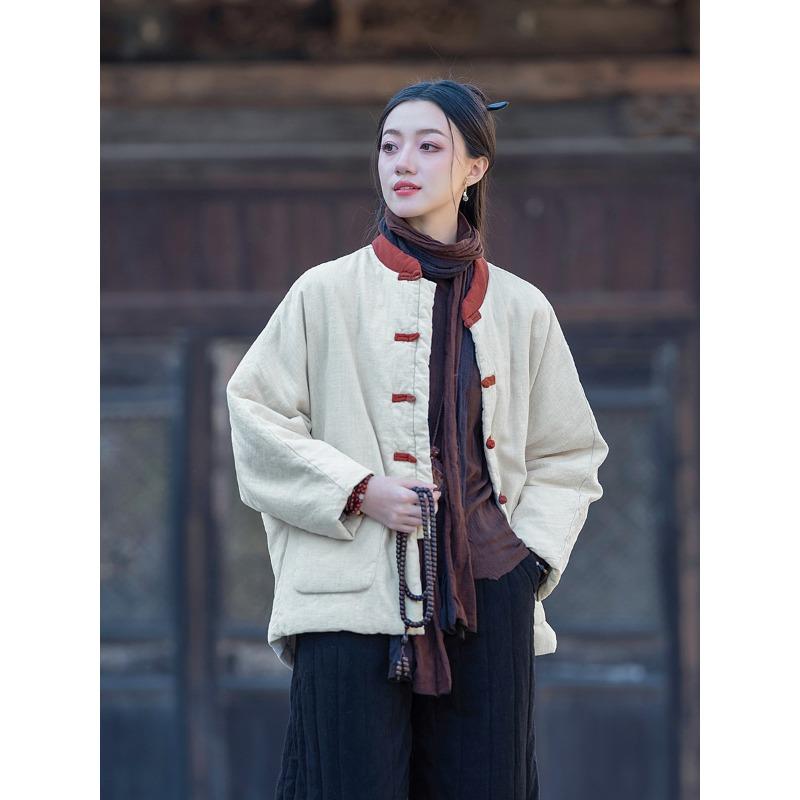 

25 Winter new buckle jacket thickened padded jacket women s color matching ramie padded cotton-padded warm padded jacket One size льняной