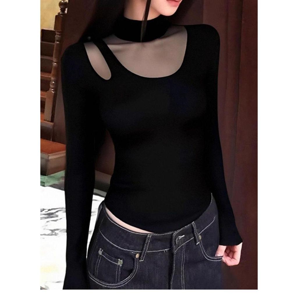 2026 Spring & Autumn Half-High Collar Mesh Long Sleeve Base Layer T-shirt for Women