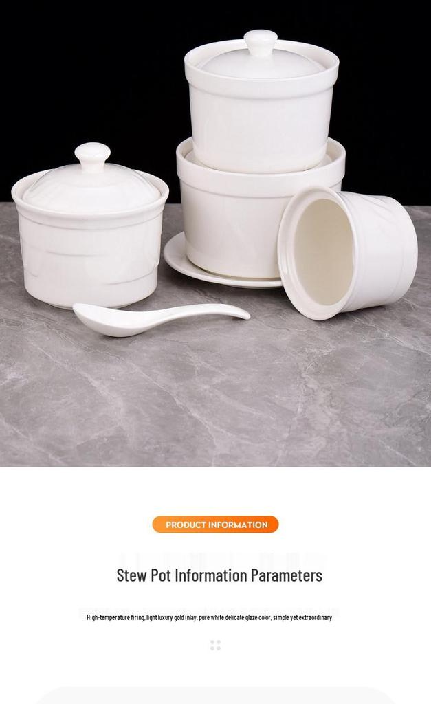 Pure White Ceramic Water-Bath Stew Pot with Gold Rim - Hotel & Commercial Grade, Ideal for Chinese Shaxian, Bird's Nest, and Steam Egg Dishes.