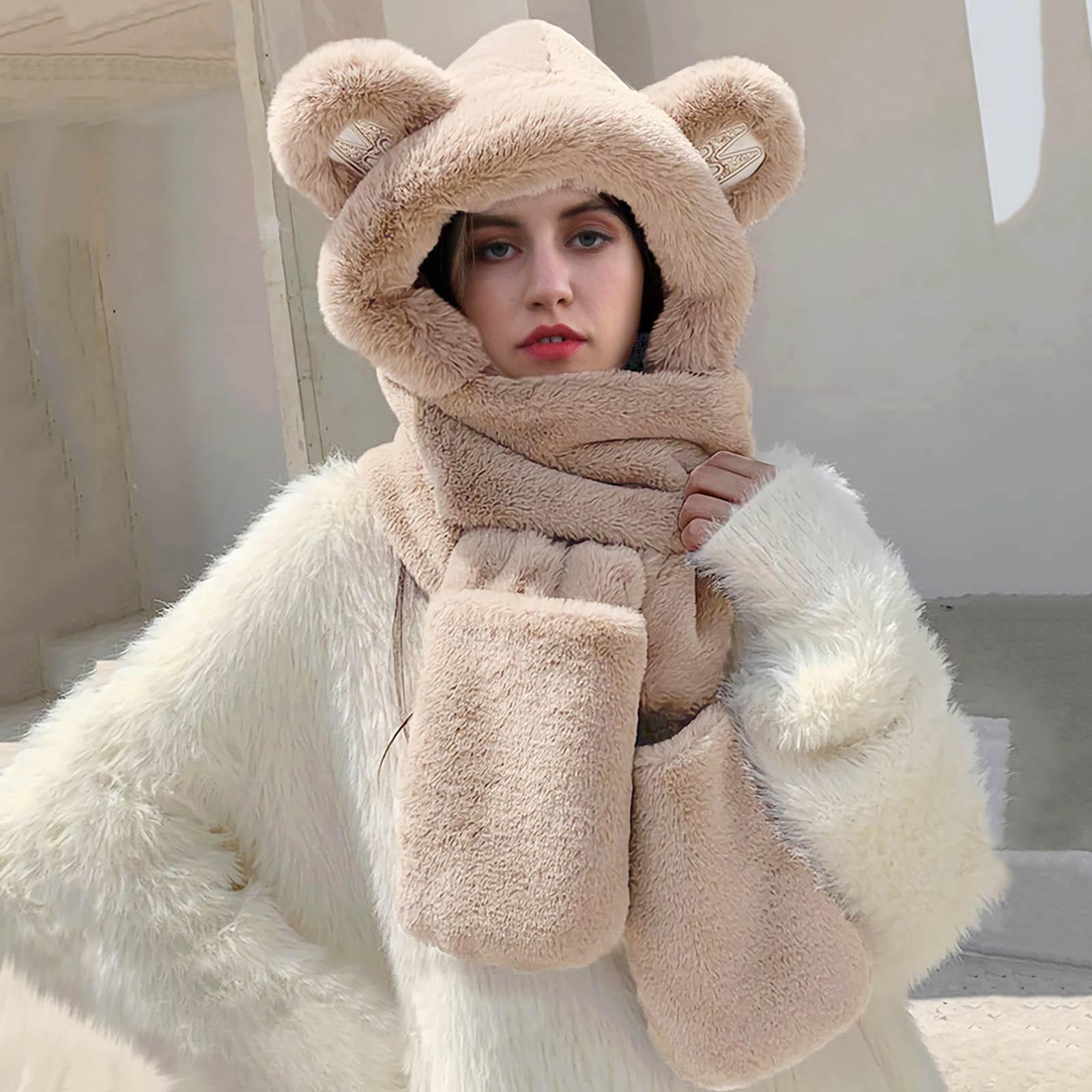 

(проектор)Осенне-зимняя трехкруглая цельная кепка, плюшевая снежная шапка, шарф, перчатки, цельная теплая кепка One Size бежевый