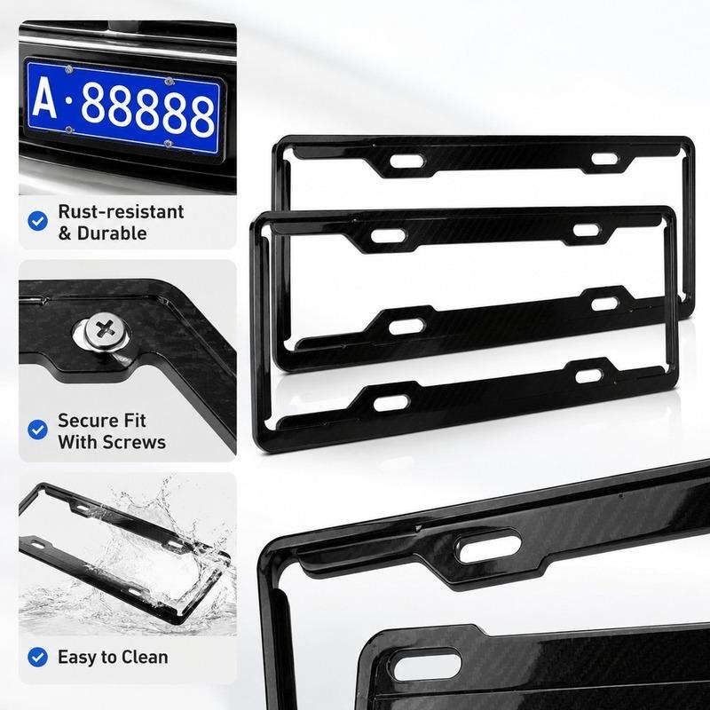 Carbon Fiber Pattern Car License Plate Frame 1.0mm Thick Large Hole for Blue & New Energy Plates, Silver Black Carbon