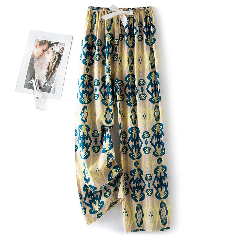 Pantaloni de pijama din bumbac mătase pentru femei, secțiune subțire de vară, anti-țânțari, pantaloni cu picior lat, culoare uni, pentru exterior, casă, petrecere a timpului liber, imprimeu, pantaloni de plajă până la genunchi
