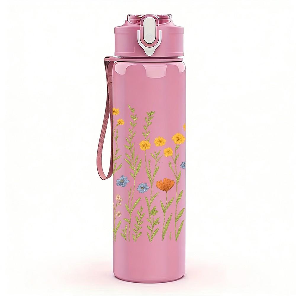 1PC Wild Daisy Meadow Floral Print 750ml Color Plastic Sports Water Bottle Leakproof Flip Straw Lid Suitable for Sports Office Home Use
