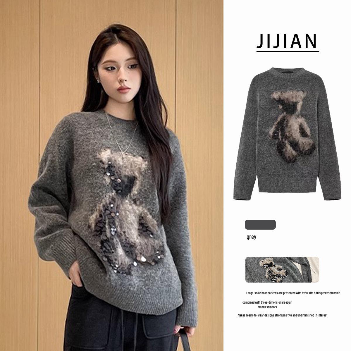 

2024 Winter Grey Bear Alpaca Wool Sequin Pullover Sweater Small