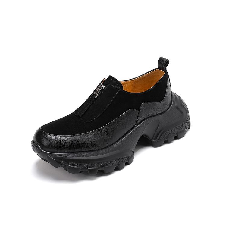 

Туфли-лоферы женские 2025 весна, на грубой платформе, из овчины, цельные, водонепроницаемые, с круглым носком, ультралегкие, повседневные 40 non-refundable чёрный