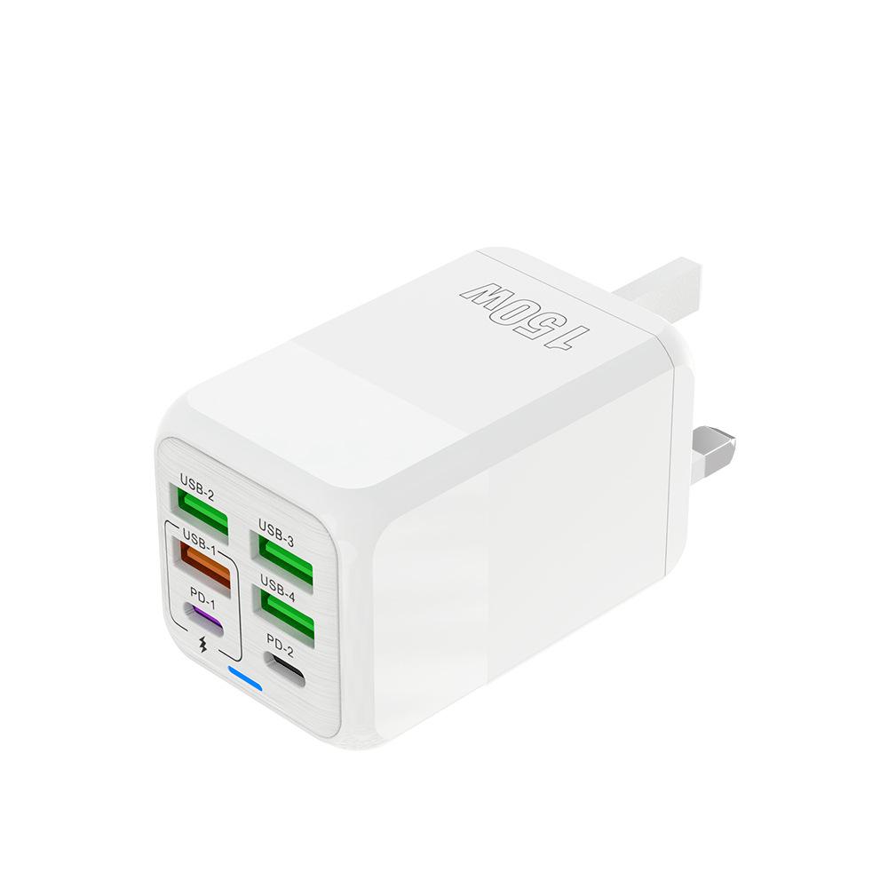 150W Multi-Port Charger: 4 USB + 2 PD, 5V/2.4A, EU/UK/US Compatible for Mobile Devices