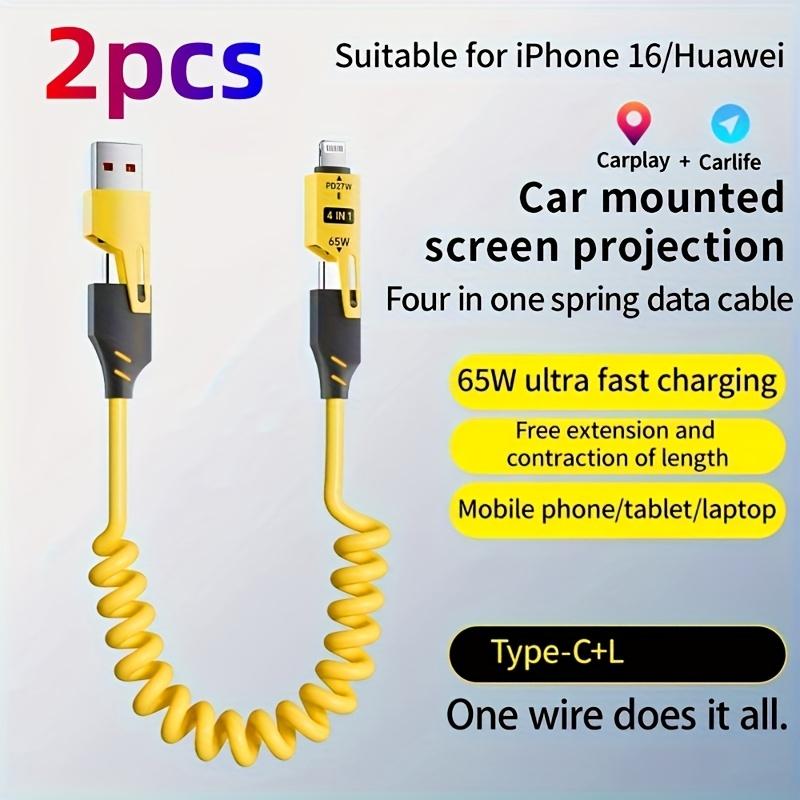 2pcs 4-in-1 Fast Charging USB-C To Type-C Cable, Retractable Spring Coiled Charger Cord for IPhone 16/15/14/13/12/11, for Huawei, for Samsung