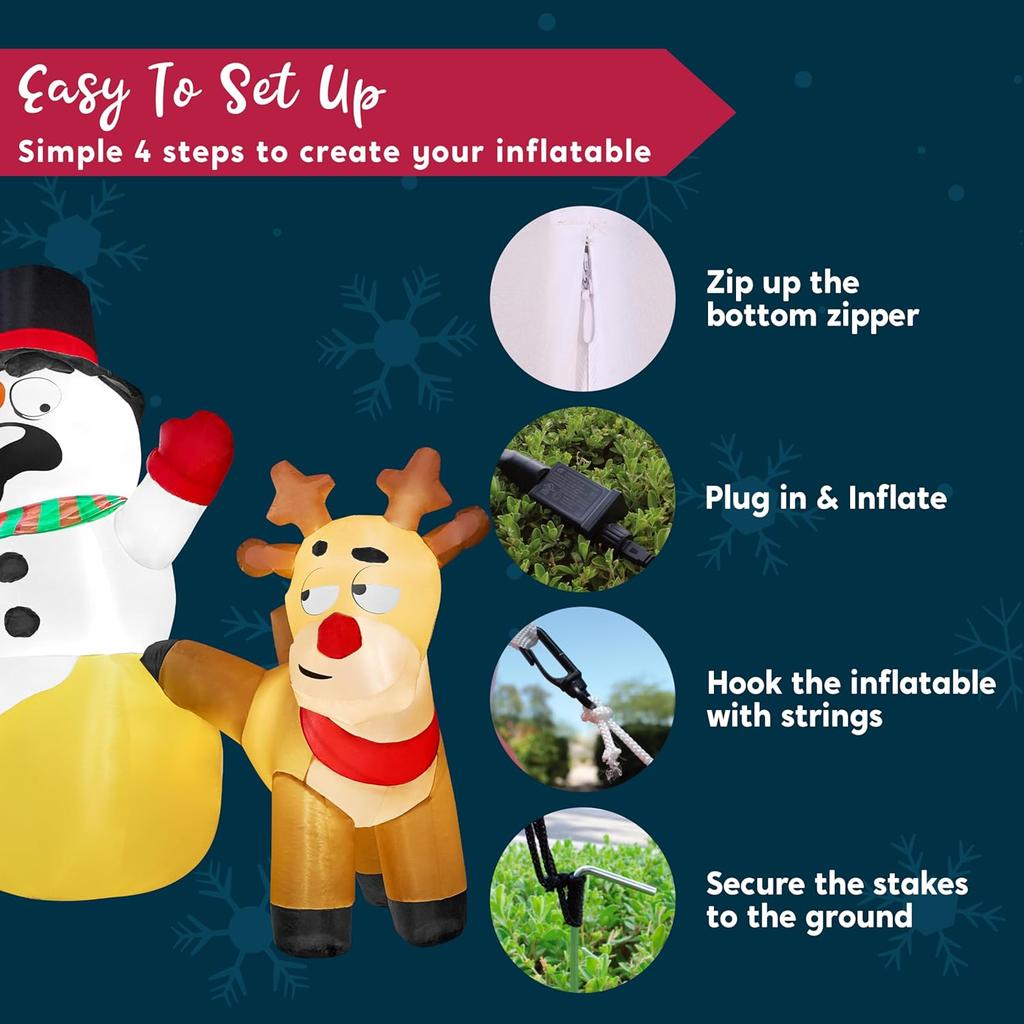 JOYFY 6.6 FT Long Christmas Inflatable Decoration Reindeer Peeing on Snowman with Build-in LEDs for Xmas Party Yard Garden Décor