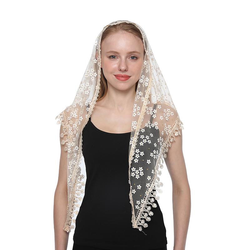 

Женский треугольный шарф для церковной молитвенной шаль, кружевная вуаль с вышивкой, головной убор с кисточками, вуали для церкви, мантильи