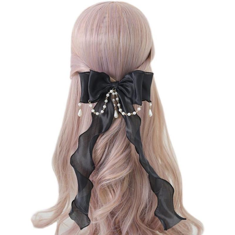 Girls Ruffles Lace Necklace with Pearl Chain Pendant Ribbon Bows Earrings Hair Clips Handmade Lolita Hair Ornaments