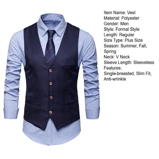 Men Suit Vest Formal Business Style Sleeveless V Neck Slim Fit Cardigan Single-breasted Solid Color Silky Fabric Pockets Groom Wedding Waistcoat
