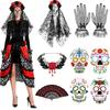 Halloween Bride Costume Accessories Set - Red and Black Lace Fan, Gloves, Necklace, Temporary Tattoos