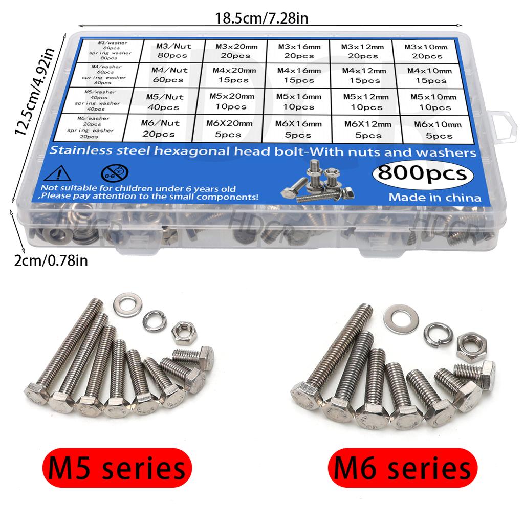 800pcs/Stainless Steel Hex Bolts, Screws, Nuts, Springs, Washers, J Nut Set, M3 M4 M5 M6 Machine Screws, Repair Tool Set