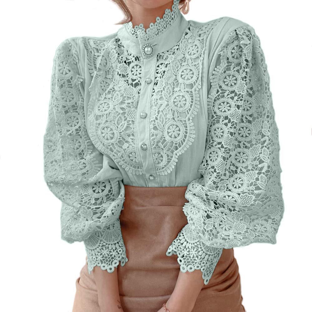 Cămașă cu guler țesut cu nasturi din șifon pentru femei, șic, elegantă, cu dantelă florală, pufos, cu mânecă lungă, bluză albă supradimensionată, la modă