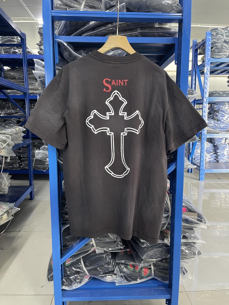 High Quality 25SS SAINT Printed Washed Vintage Short Sleeved Street Casual Loose Cotton Round Neck T-shirt For Men Hip Hop