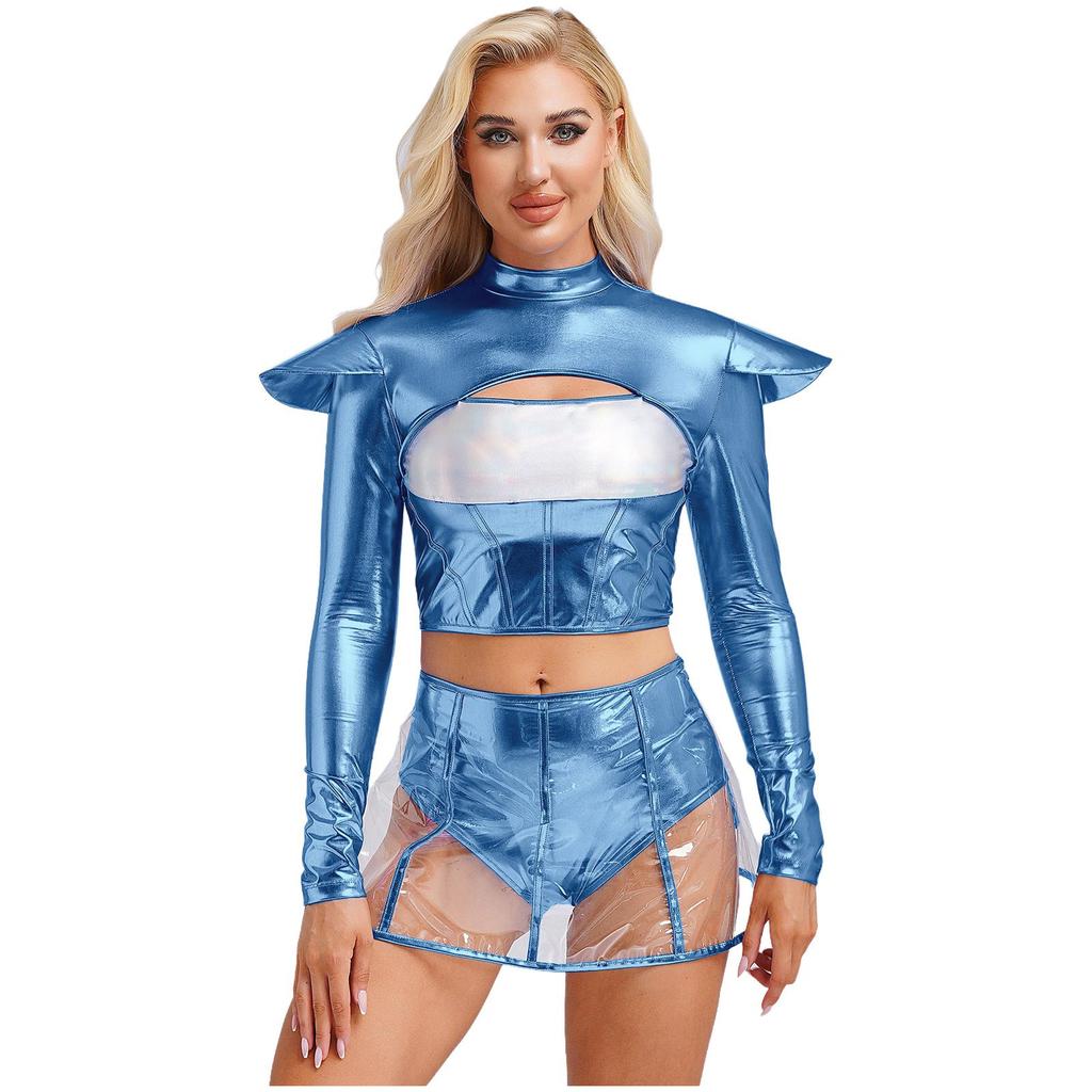 Womens Alien Costume Long Sleeve Hollow Out Cropper Top Transparent Skirt Space Themed Club Wear Outfit