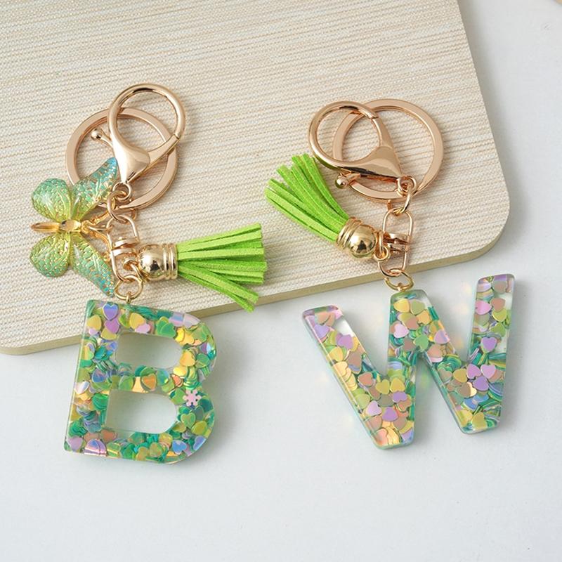 A-Z Initial Letter Keychain Green Butterfly Tassel Letter Charm Bag Pendant Couple Key Holder Pendant For Friend Gifts