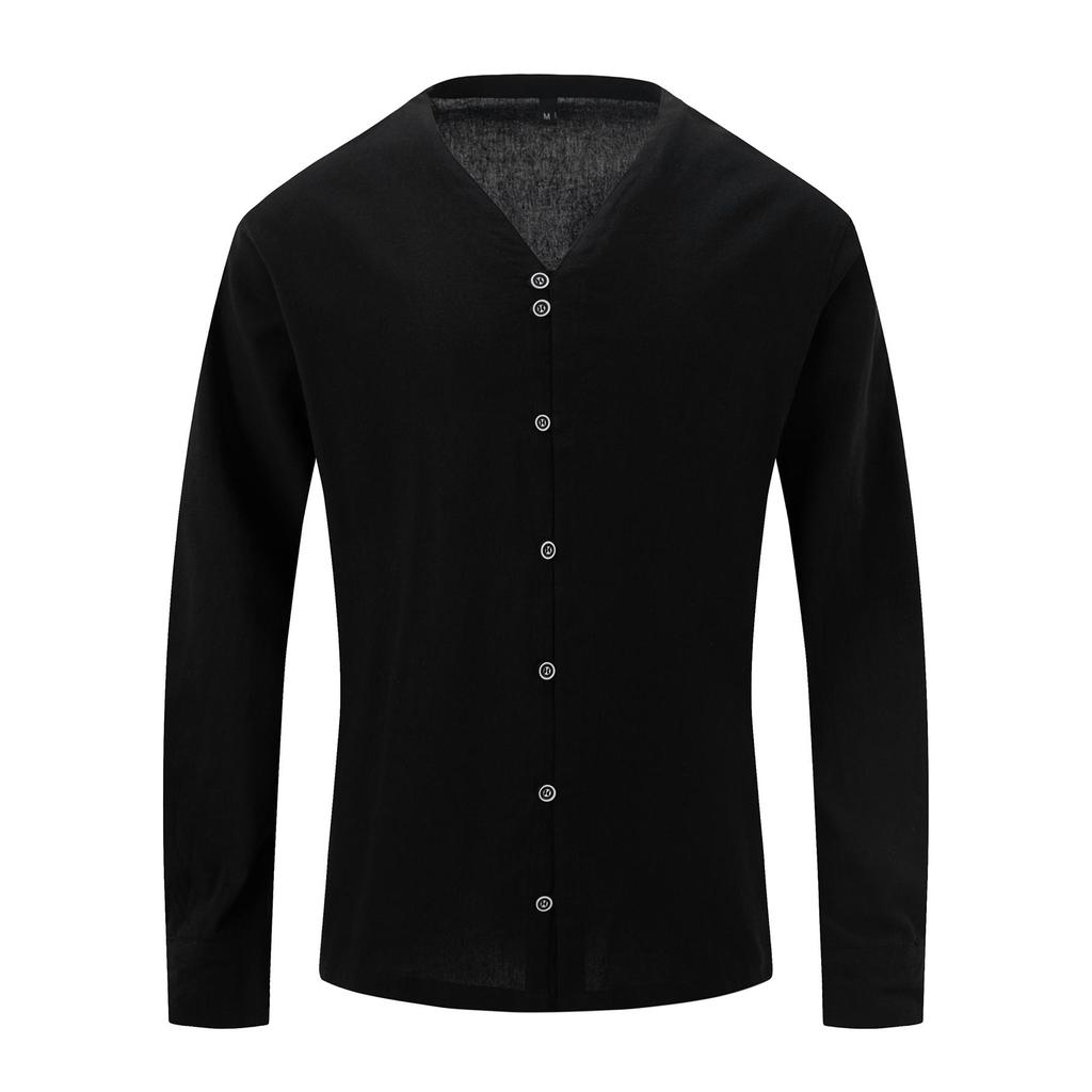Camicie da Uomo Collo Alto 7 Bottoni Camicia Manica Lunga Tinta Unita Cotone Vintage Taglie Forti Top