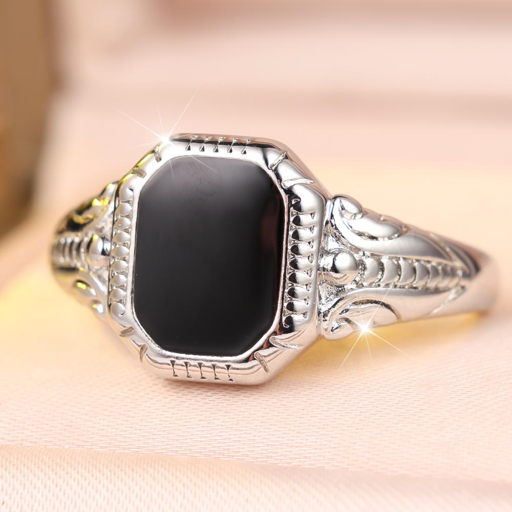 Retro Carved Signet Ring Silver Tone Black Stone Engraved Jewelry for Men Party