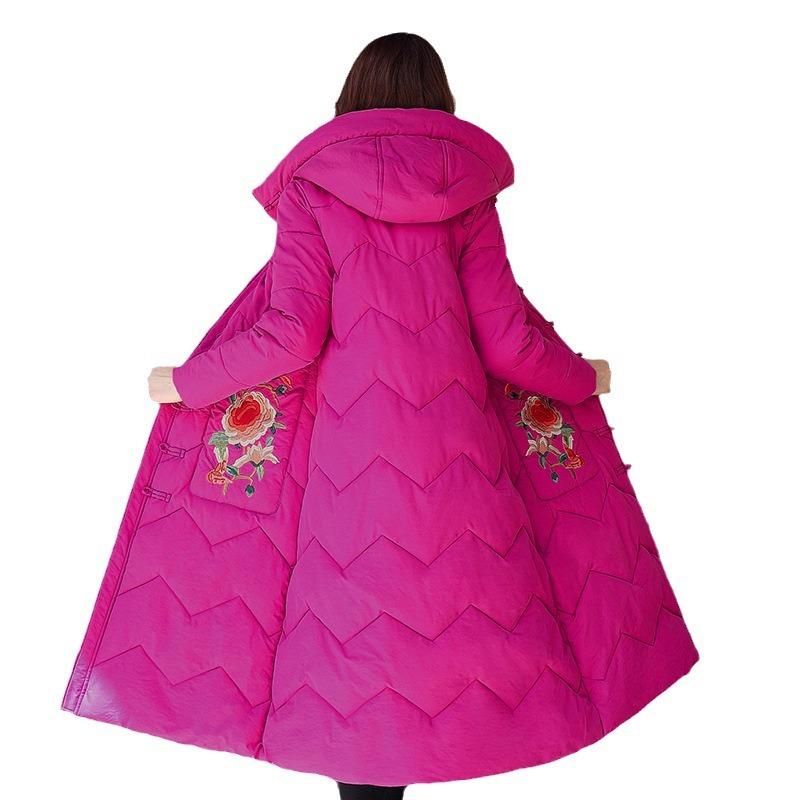 2025 plus-size long thickened Chinese style cotton jacket women's embroidered padded jacket winter over-the-knee buckle jacket